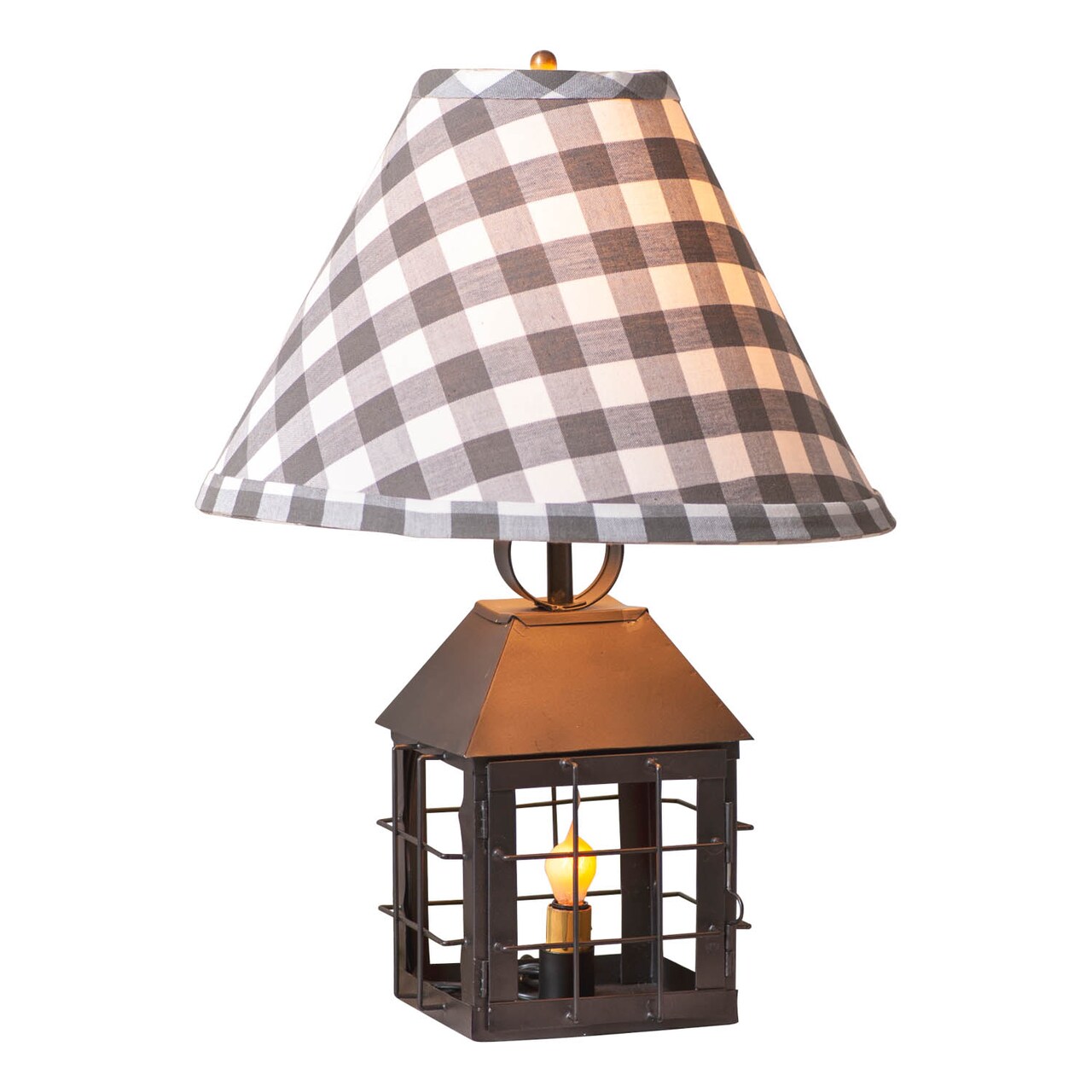 Irvins Country Tinware Colonial Lantern Lamp with Gray Check Shade